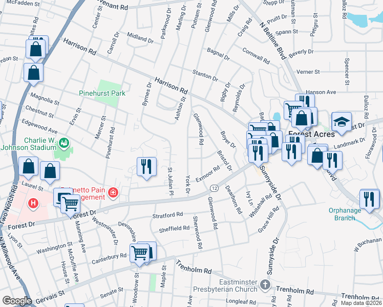 map of restaurants, bars, coffee shops, grocery stores, and more near 1824 York Drive in Columbia