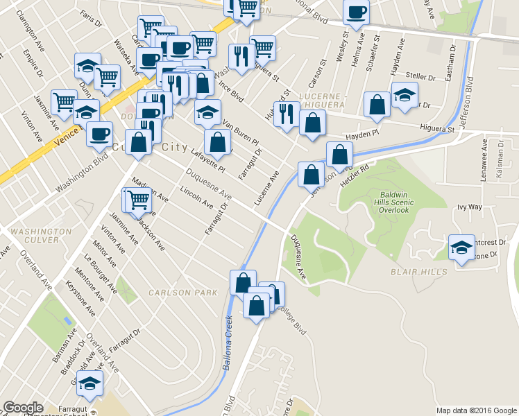 map of restaurants, bars, coffee shops, grocery stores, and more near 4304 Duquesne Avenue in Culver City