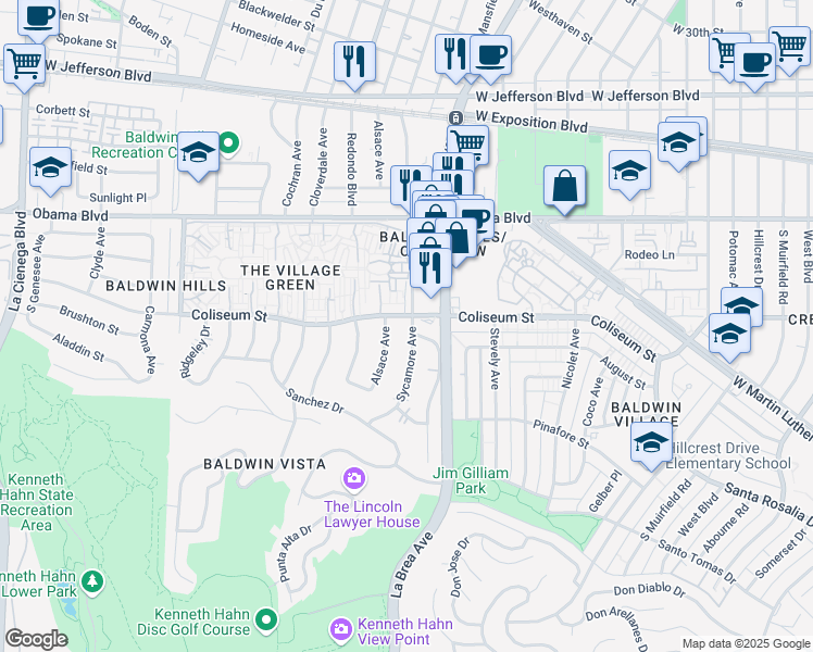 map of restaurants, bars, coffee shops, grocery stores, and more near 3813 South Sycamore Avenue in Los Angeles
