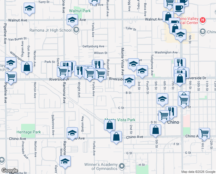 map of restaurants, bars, coffee shops, grocery stores, and more near 4814 Ranch Road in Chino