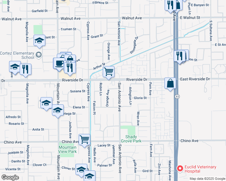 map of restaurants, bars, coffee shops, grocery stores, and more near 6661 Meadowlark Street in Chino