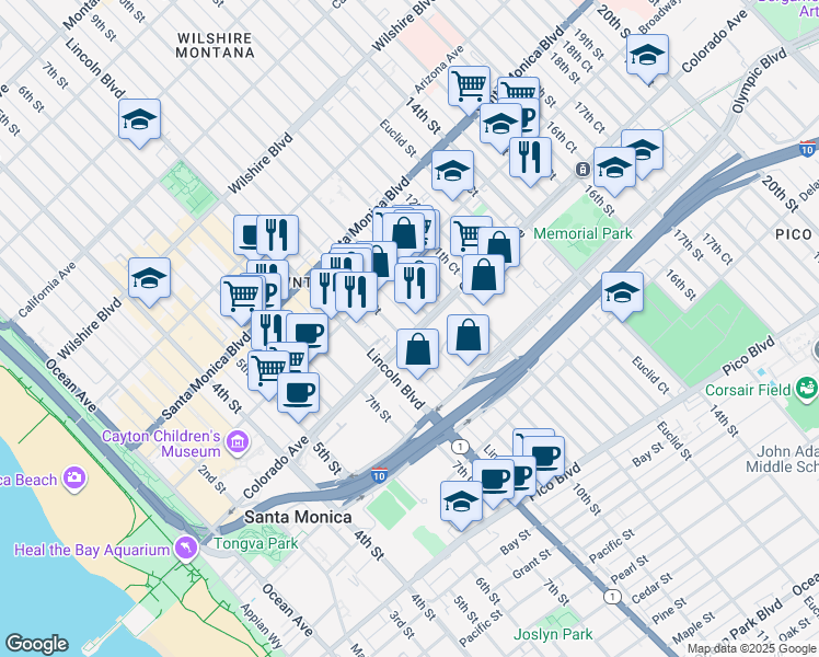 map of restaurants, bars, coffee shops, grocery stores, and more near 1001 Colorado Avenue in Santa Monica
