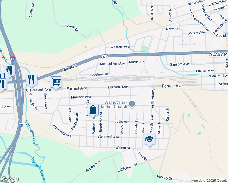 map of restaurants, bars, coffee shops, grocery stores, and more near 3328 Forrest Avenue in Gadsden