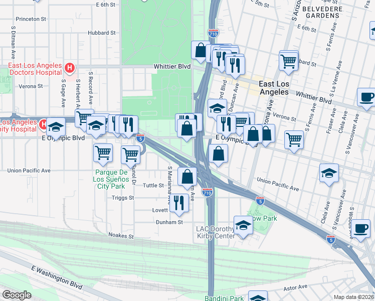 map of restaurants, bars, coffee shops, grocery stores, and more near in East Los Angeles