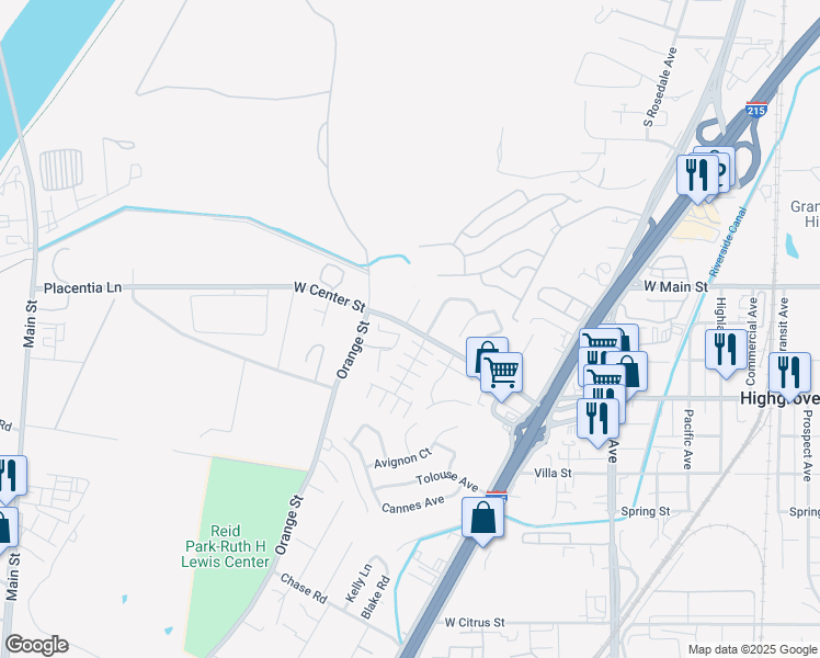 map of restaurants, bars, coffee shops, grocery stores, and more near 281 Versailles Place in Riverside