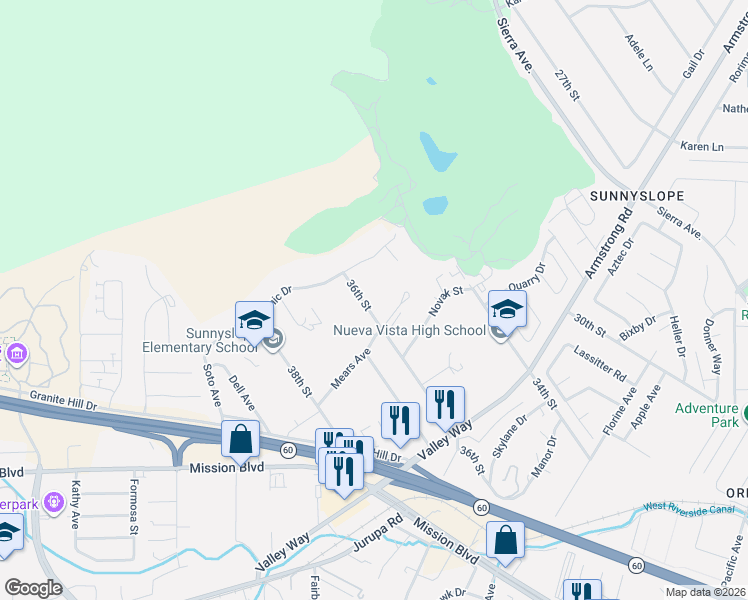 map of restaurants, bars, coffee shops, grocery stores, and more near 7097 36th Street in Riverside