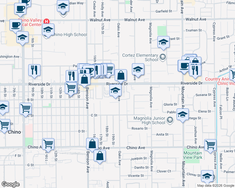 map of restaurants, bars, coffee shops, grocery stores, and more near 12936 Oaks Avenue in Chino