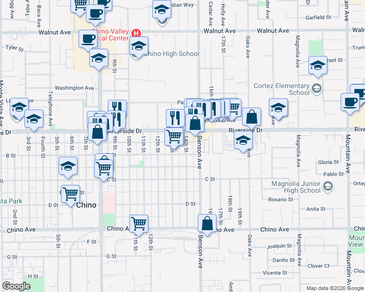 map of restaurants, bars, coffee shops, grocery stores, and more near 12931 13th Street in Chino