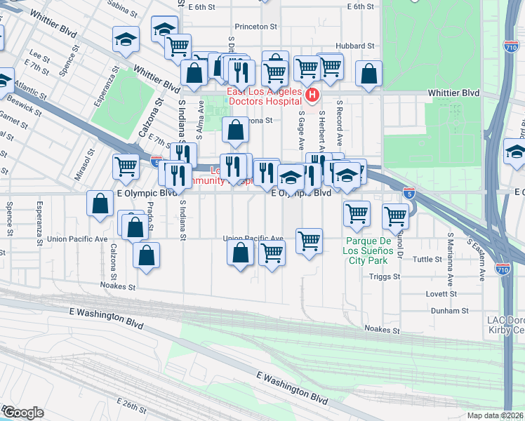 map of restaurants, bars, coffee shops, grocery stores, and more near 1214 South Townsend Avenue in Los Angeles