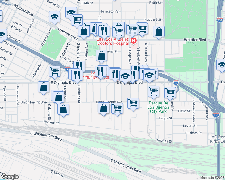 map of restaurants, bars, coffee shops, grocery stores, and more near 1214 South Townsend Avenue in Los Angeles
