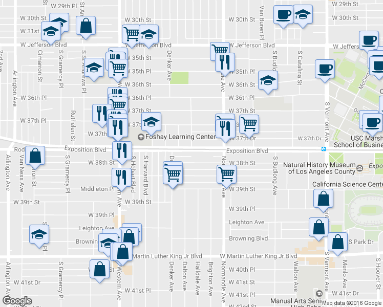 map of restaurants, bars, coffee shops, grocery stores, and more near 3770 Dalton Avenue in Los Angeles