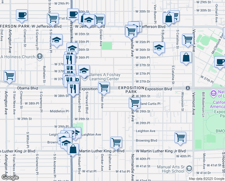 map of restaurants, bars, coffee shops, grocery stores, and more near 3770 Dalton Avenue in Los Angeles