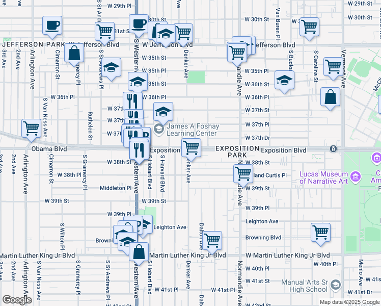 map of restaurants, bars, coffee shops, grocery stores, and more near 1455 West Exposition Boulevard in Los Angeles
