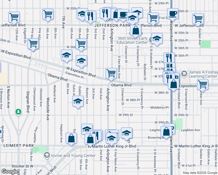 map of restaurants, bars, coffee shops, grocery stores, and more near 3783 Arlington Avenue in Los Angeles