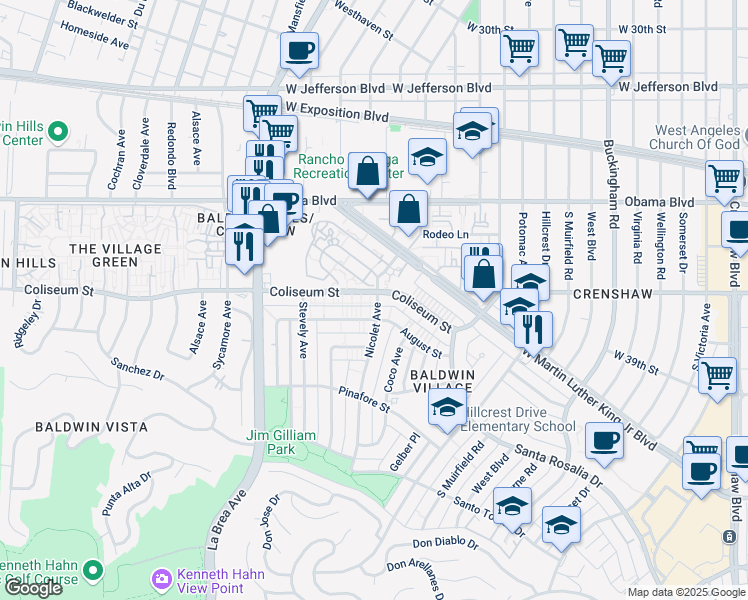 map of restaurants, bars, coffee shops, grocery stores, and more near 4731 Coliseum Street in Los Angeles
