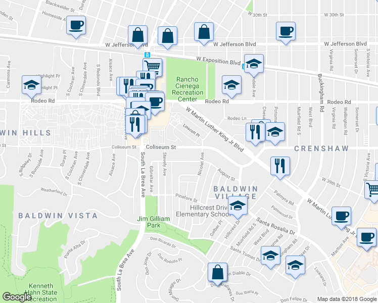 map of restaurants, bars, coffee shops, grocery stores, and more near 4843 Coliseum Street in Los Angeles