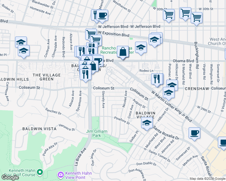 map of restaurants, bars, coffee shops, grocery stores, and more near 4929 Coliseum Street in Los Angeles