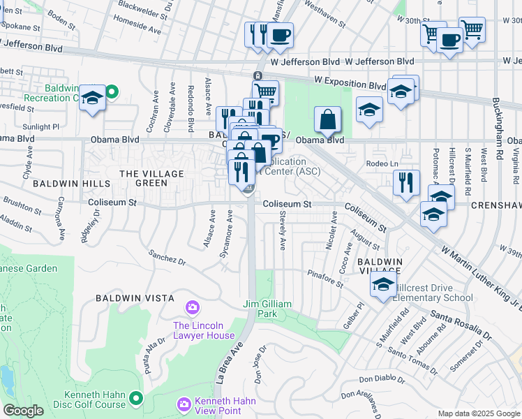map of restaurants, bars, coffee shops, grocery stores, and more near 5022 Coliseum Street in Los Angeles