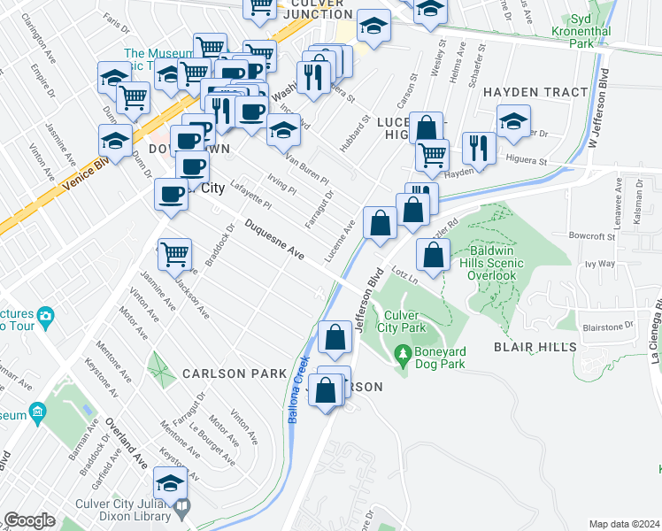 map of restaurants, bars, coffee shops, grocery stores, and more near 9632 Lucerne Avenue in Los Angeles