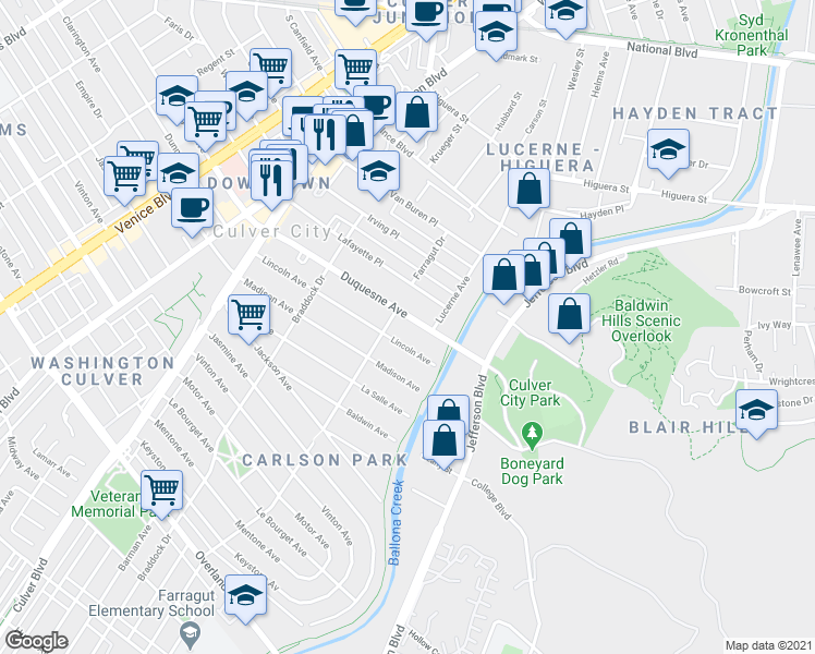 map of restaurants, bars, coffee shops, grocery stores, and more near 4221 Duquesne Avenue in Culver City