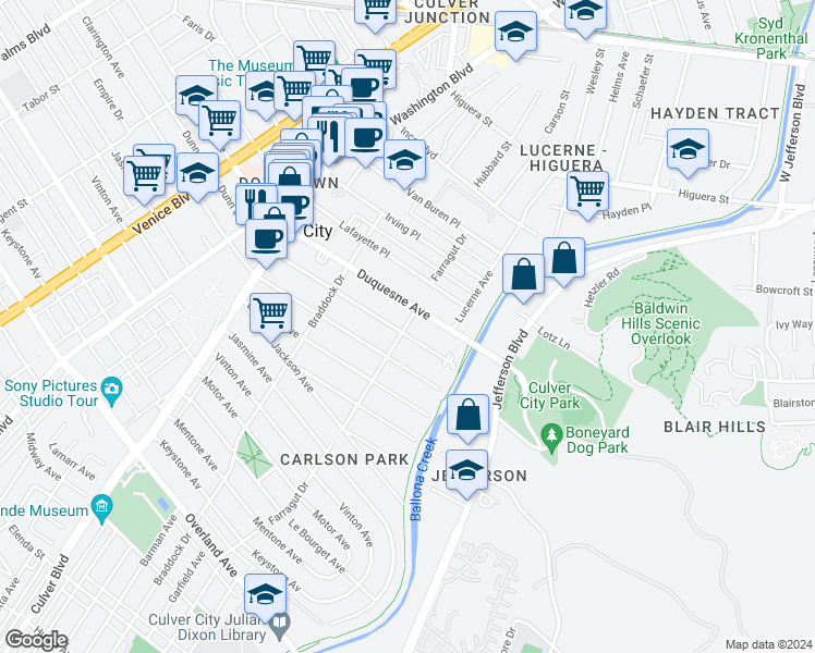 map of restaurants, bars, coffee shops, grocery stores, and more near 4185 Duquesne Avenue in Culver City