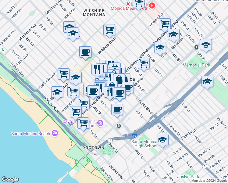 map of restaurants, bars, coffee shops, grocery stores, and more near 620 West Historic Route 66 in Santa Monica