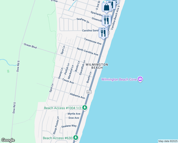 map of restaurants, bars, coffee shops, grocery stores, and more near 1405 Bowfin Lane in Carolina Beach