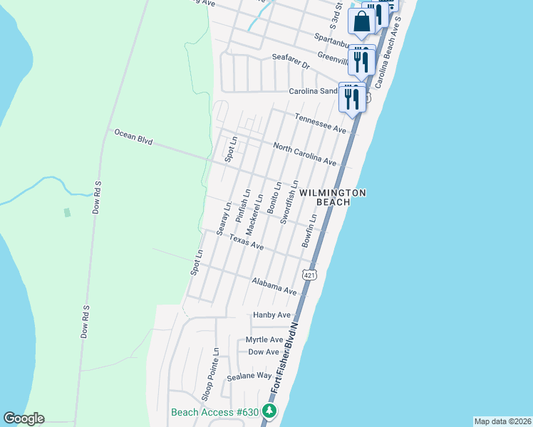 map of restaurants, bars, coffee shops, grocery stores, and more near 1416 Bonito Lane in Carolina Beach