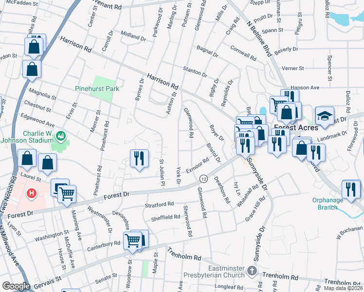 map of restaurants, bars, coffee shops, grocery stores, and more near 1824 York Drive in Columbia