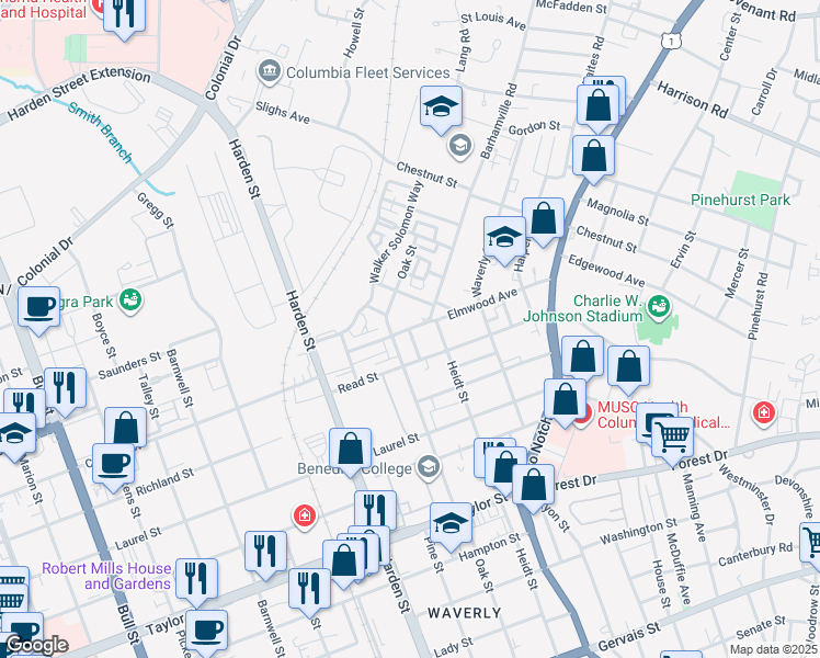 map of restaurants, bars, coffee shops, grocery stores, and more near 2101 Oak Street in Columbia