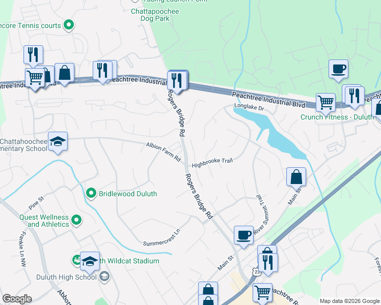 map of restaurants, bars, coffee shops, grocery stores, and more near 3900 Stonebriar Court in Duluth