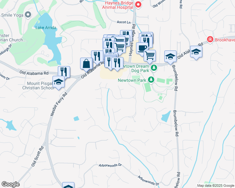 map of restaurants, bars, coffee shops, grocery stores, and more near 710 Leeds Garden Terrace in Alpharetta