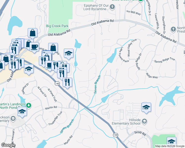 map of restaurants, bars, coffee shops, grocery stores, and more near 520 Creekwood Crossing East in Roswell