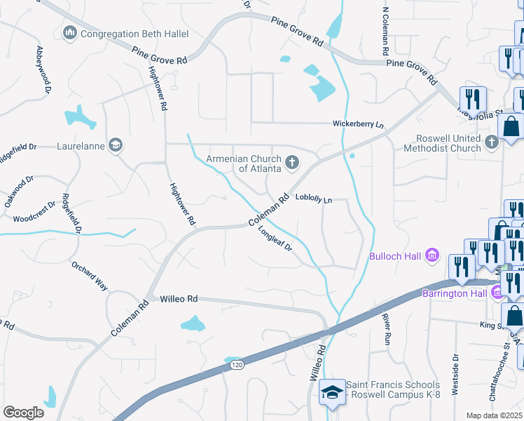 map of restaurants, bars, coffee shops, grocery stores, and more near 9770 Coleman Road in Roswell