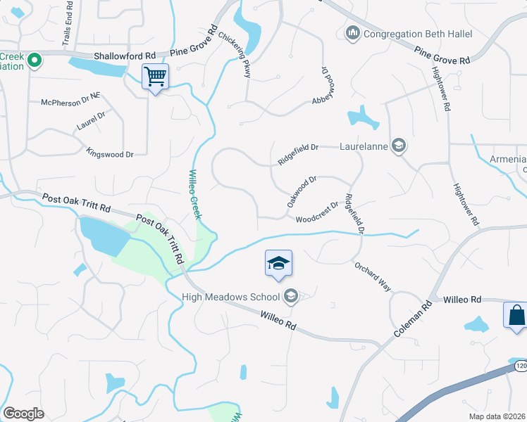 map of restaurants, bars, coffee shops, grocery stores, and more near 1720 Ridgefield Drive in Roswell