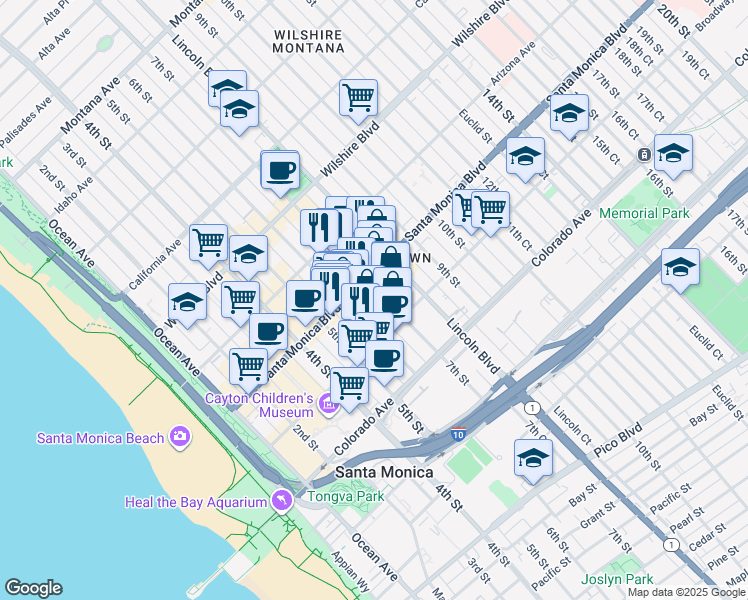 map of restaurants, bars, coffee shops, grocery stores, and more near 620 West Historic Route 66 in Santa Monica