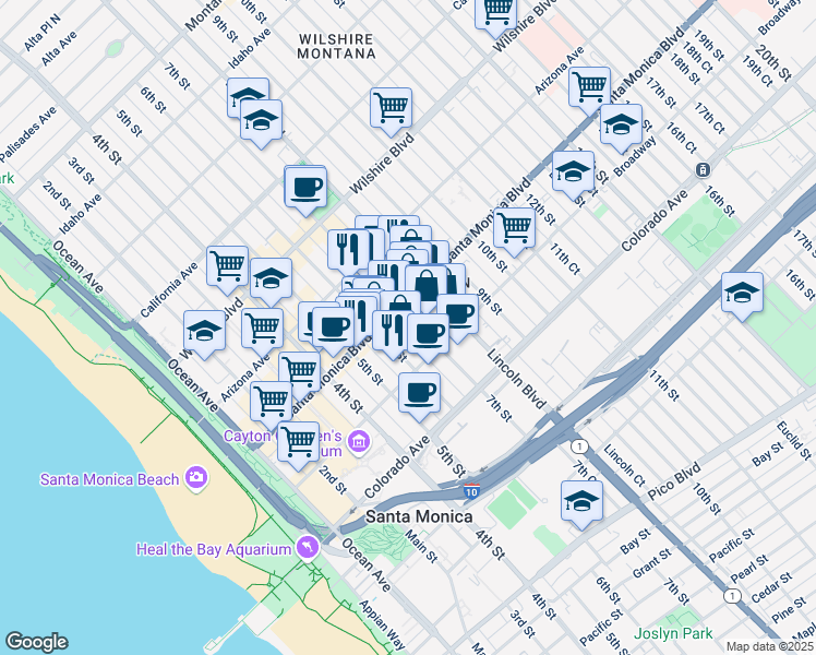 map of restaurants, bars, coffee shops, grocery stores, and more near 1422 7th Street in Santa Monica