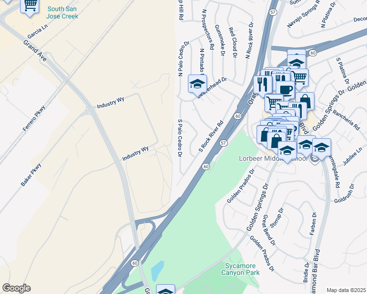 map of restaurants, bars, coffee shops, grocery stores, and more near 318 South Palo Cedro Drive in Diamond Bar