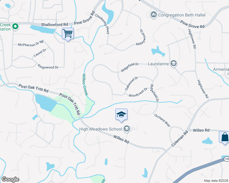 map of restaurants, bars, coffee shops, grocery stores, and more near 1720 Ridgefield Drive in Roswell