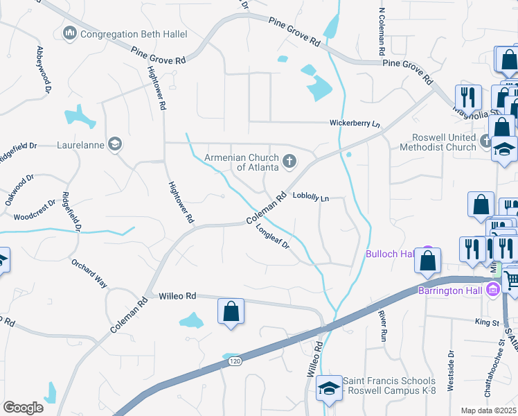 map of restaurants, bars, coffee shops, grocery stores, and more near 9770 Coleman Road in Roswell