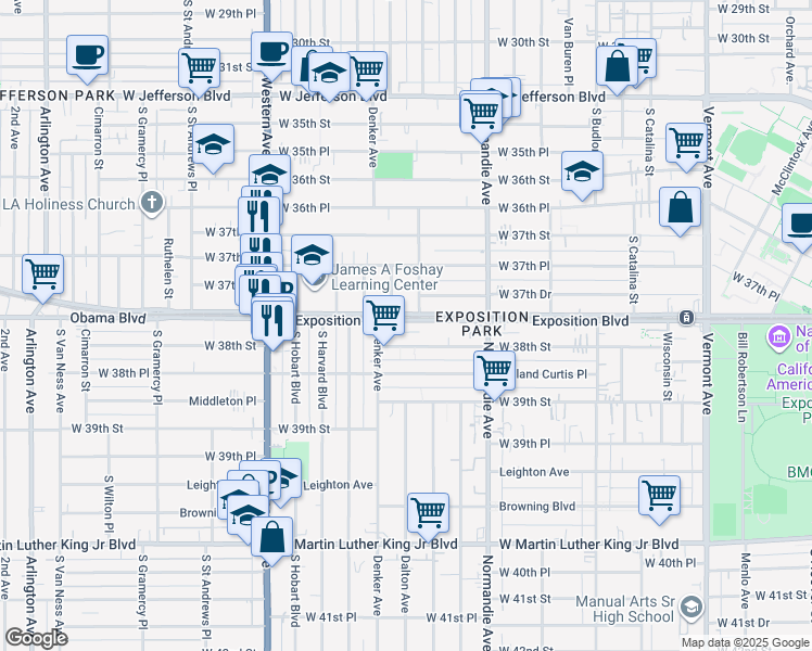 map of restaurants, bars, coffee shops, grocery stores, and more near 1406 Exposition Boulevard in Los Angeles