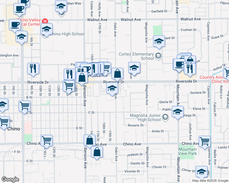 map of restaurants, bars, coffee shops, grocery stores, and more near 12936 Oaks Avenue in Chino