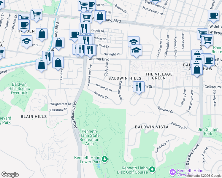 map of restaurants, bars, coffee shops, grocery stores, and more near 5615 Coliseum Street in Los Angeles