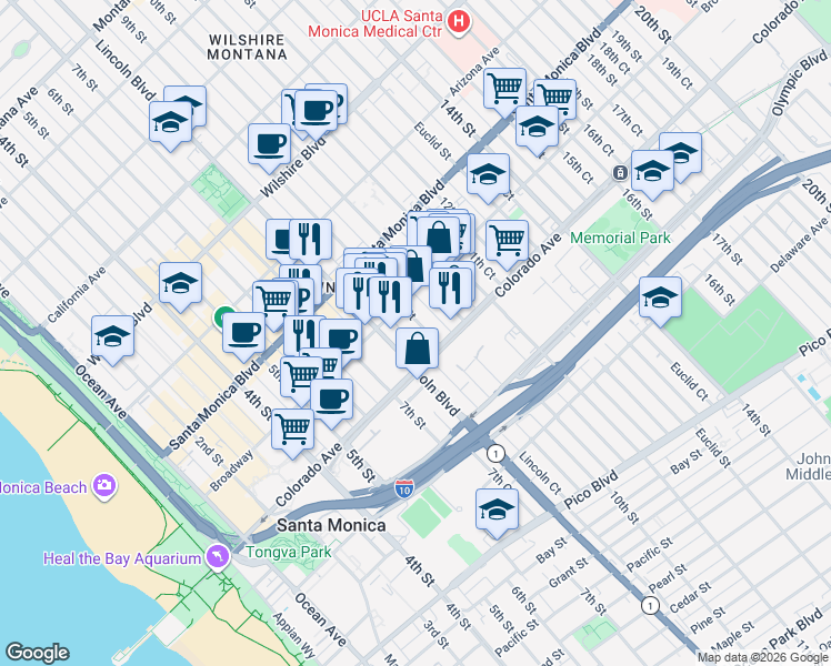 map of restaurants, bars, coffee shops, grocery stores, and more near 1532 9th Street in Santa Monica