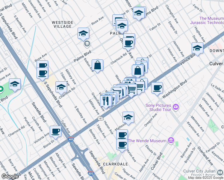 map of restaurants, bars, coffee shops, grocery stores, and more near 3671 Midvale Avenue in Los Angeles