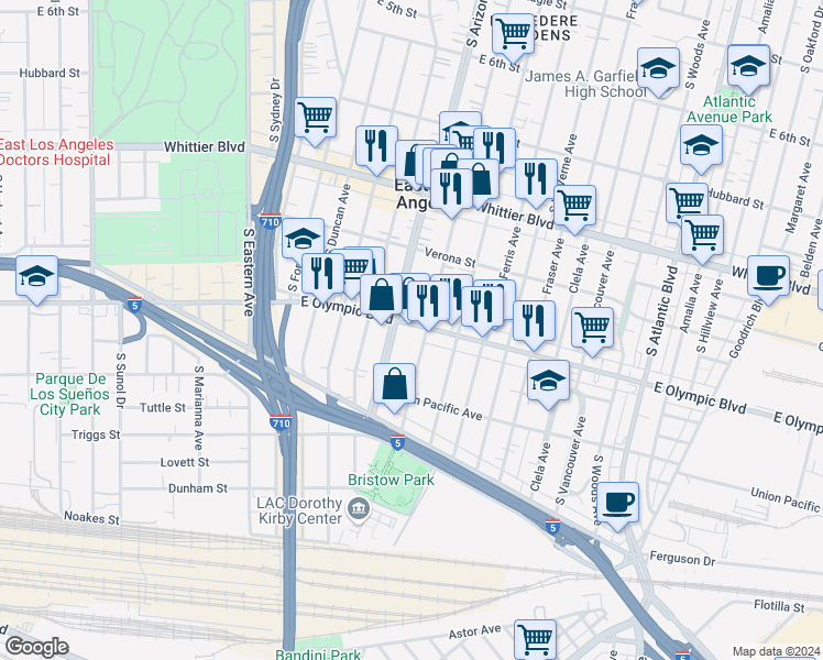 map of restaurants, bars, coffee shops, grocery stores, and more near in East Los Angeles