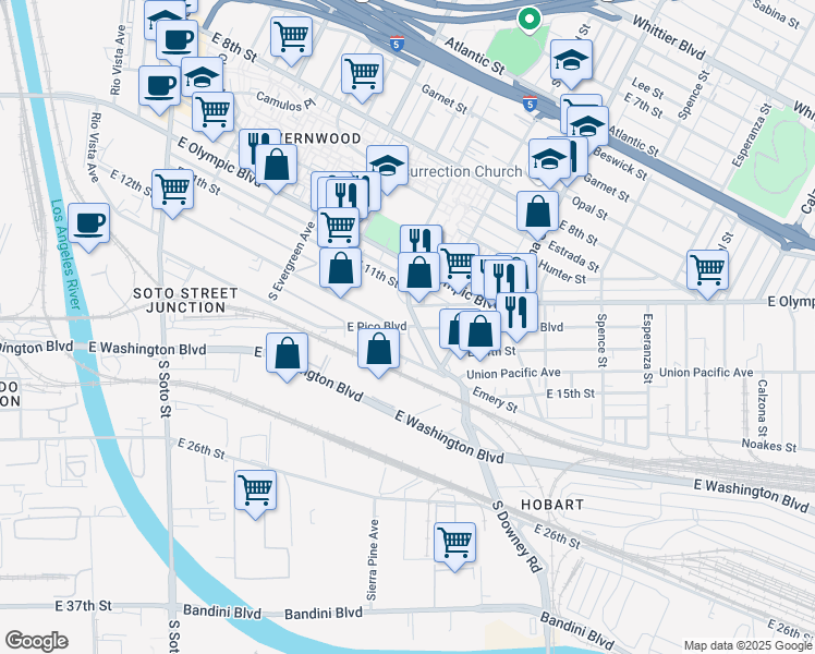 map of restaurants, bars, coffee shops, grocery stores, and more near East Pico Boulevard in Los Angeles