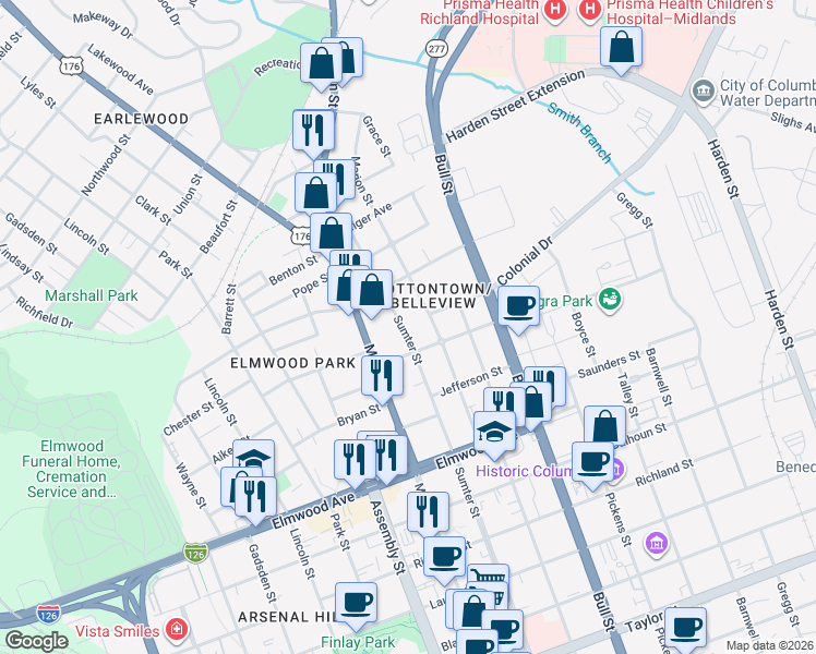 map of restaurants, bars, coffee shops, grocery stores, and more near 2312 Sumter Street in Columbia