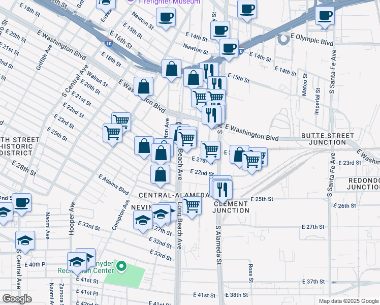 map of restaurants, bars, coffee shops, grocery stores, and more near 1951 Staunton Avenue in Vernon