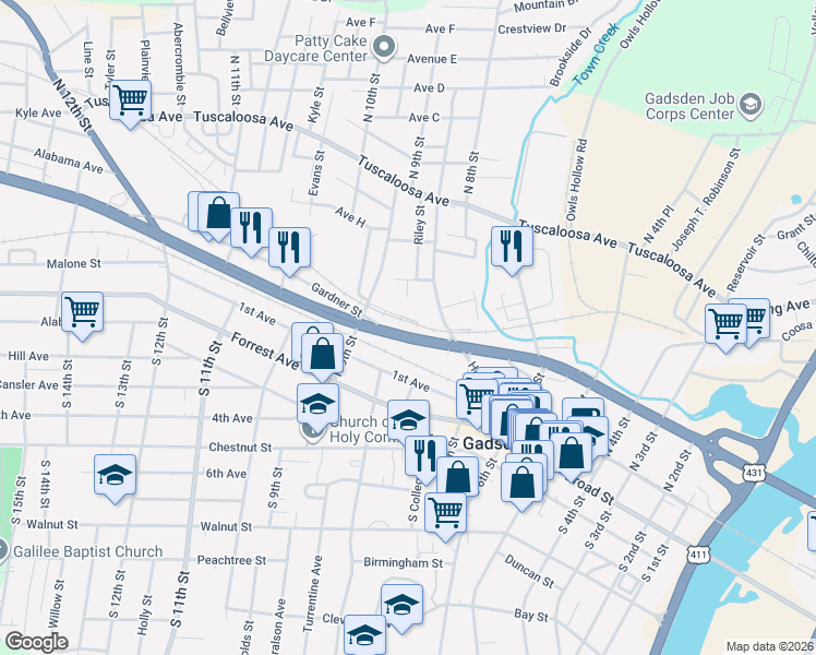 map of restaurants, bars, coffee shops, grocery stores, and more near 827 Jones Street in Gadsden